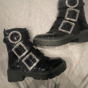 River Island Black Patent Ankle Boots with Sparkling Buckles
